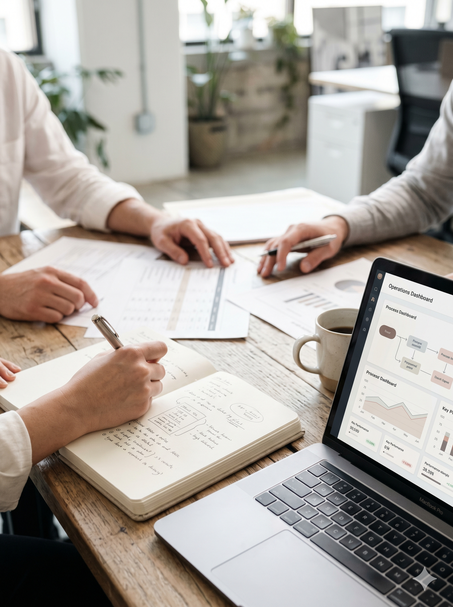 Zespół pracujący przy laptopie z panelem operacyjnym firmy — wdrożenie systemu zarządzania dopasowanego do realnych procesów